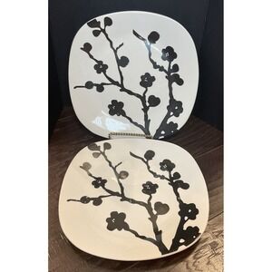 Roscher Square Dinner Plate Black White Floral Branch Set Of 2 Stoneware Cottage